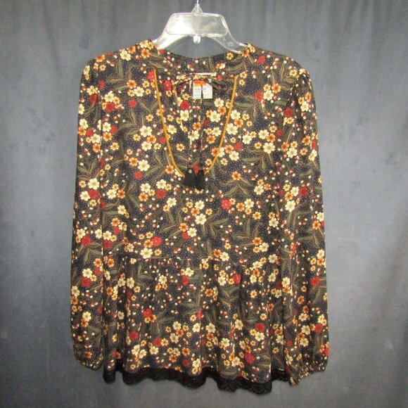 Farm Rio Anthropologie Sayen Floral Peasant Top Women S Black Gold V Neck Tassel - Picture 9 of 11
